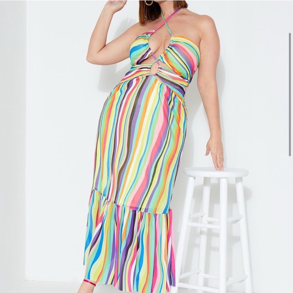 ELOQUII NWT Colorful Striped Halter Maxi Dress